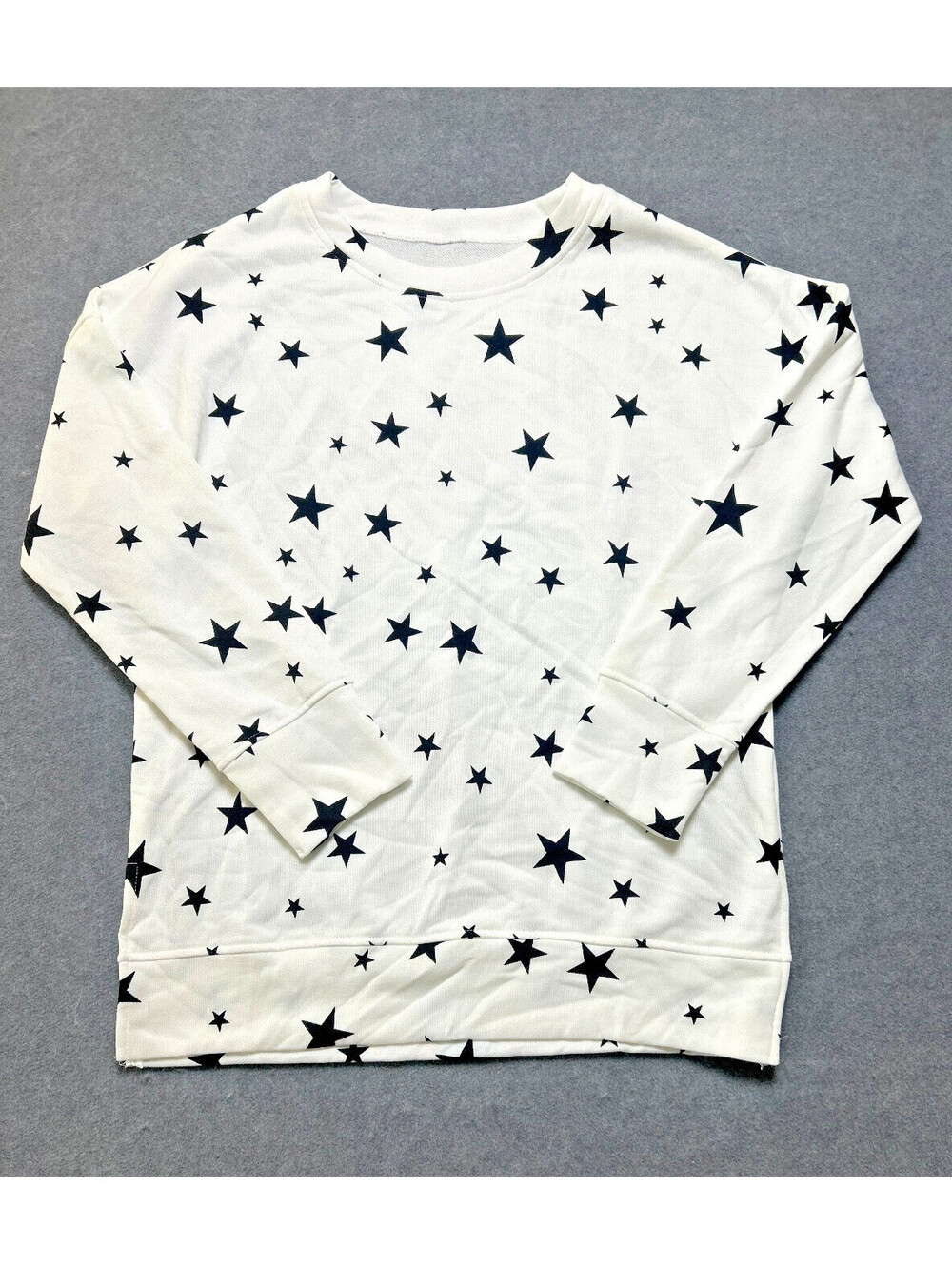 Womens Small White Black Star Print Pullover Sweatshirt Lightweight Casual